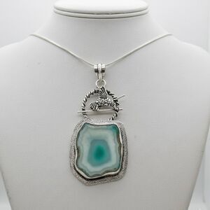Artisan Silver Hummingbird Solar Agate Slice Pendant Necklace • Teal & White